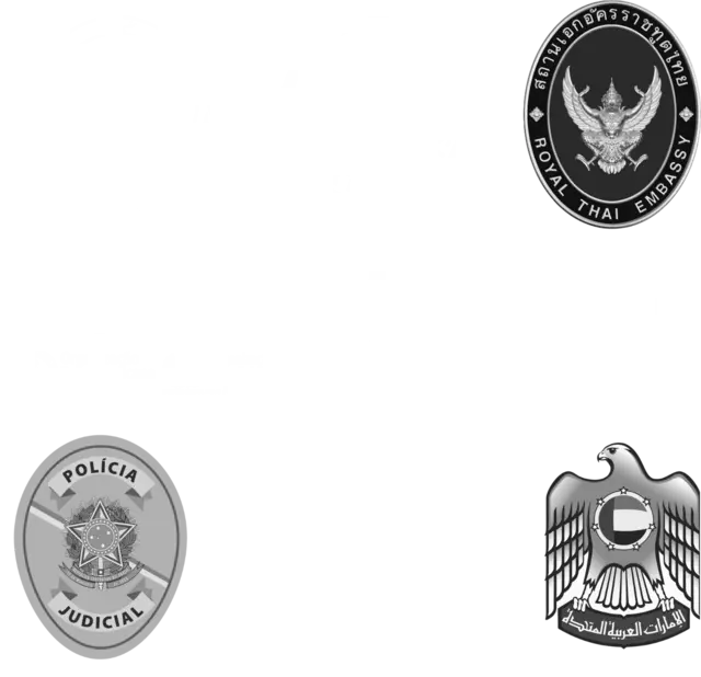 Logos de clientes: ONU, FAO, Embaixada da Tailândia, OPAS, Thorium, Polícia Judicial, Agis e Emirados Árabes